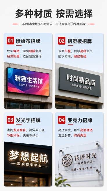 [第5屏] 材质与定制细节说明页，介绍可选择的招牌材质。[氛围/风格] 清晰信息卡片风，专业细致，展示丰富选择。[元素布局] 页面分4个卡片，分别展示：喷绘布招牌、铝塑板招牌、发光字招牌、亚克力招牌四预览效果