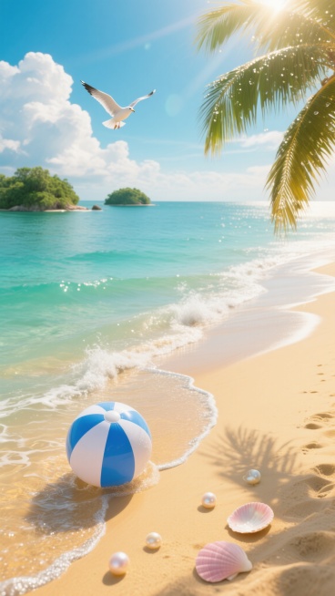 俯瞰视角，金色的沙滩如同融化的蜂蜜在阳光下流淌，被海水切割出蜿蜒的银色边界，一只半埋在沙中的蓝白条纹沙滩球正被退潮的细浪轻轻亲吻，旁边散落着几颗珍珠母贝和淡粉色贝壳，远处海面上悬浮着几座被翠绿植被覆盖的小岛，如同漂浮在玻璃上的翡翠，天空被分成明亮的蔚蓝与蓬松的积云两部分，一只海鸥展开翅膀掠过云层投下的阴影，画面右侧垂下几片带着露珠的椰子树叶，阳光透过叶隙在沙滩上形成斑驳的光斑，海水呈现由浅至深……预览效果