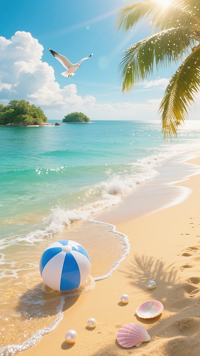 俯瞰视角，金色的沙滩如同融化的蜂蜜在阳光下流淌，被海水切割出蜿蜒的银色边界，一只半埋在沙中的蓝白条纹沙滩球正被退潮的细浪轻轻亲吻，旁边散落着几颗珍珠母贝和淡粉色贝壳，远处海面上悬浮着几座被翠绿植被覆盖的小岛，如同漂浮在玻璃上的翡翠，天空被分成明亮的蔚蓝与蓬松的积云两部分，一只海鸥展开翅膀掠过云层投下的阴影，画面右侧垂下几片带着露珠的椰子树叶，阳光透过叶隙在沙滩上形成斑驳的光斑，海水呈现由浅至深的多层蓝绿色，近处可见细小的白色浪花轻抚沙滩，远处海天相接处泛着柔和的金光，整体色调明亮通透，充满慵懒惬意的夏日午后氛围。