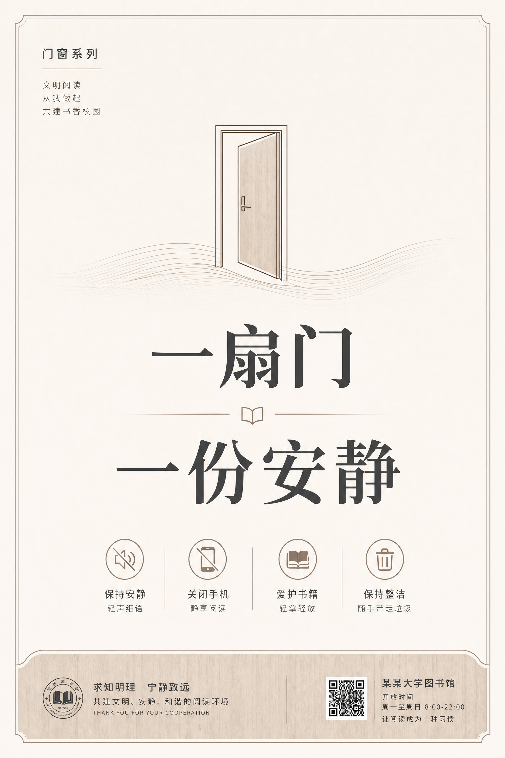 大学图书馆文明提示海报，极简校园公共空间风格，简约清爽克制高级… - 图片创意预览