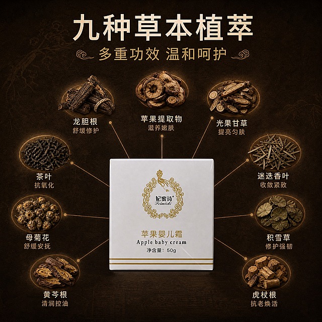 [主图-2] 核心功效成分解析，展示九种草本萃取成分及其对应功效，突出中药草本专业背书。
[统一基调] 整体风格为深褐暗调草本中药质感，背景主色为深棕褐色渐变，点缀暗金色与米白色文字，强调色为暗金色，字体为干净非衬线体，标题字色为米白或暗金，辅助字色为浅褐色，整体传递专业、天然、温和的草本护肤氛围。
[画面] 产品白色方形包装盒位于画面下方居中，占画面约35%，正面朝向观众。产品上方及两侧以放射状排列九种晒干后的深褐色草本原料特写小图，每种草本配一条细暗金色引线指向产品，引线末端标注草本名称与功效。九种草本分别为：龙胆根（舒缓修护）、苹果提取物（滋养嫩肤）、光果甘草（提亮匀肤）、茶叶（抗氧化）、迷迭香叶（收敛紧致）、积雪草（修护强韧）、母菊花（舒缓安抚）、黄芩根（清润控油）、虎杖根（抗老焕活）。所有草本均为晒干后偏黑的深褐中药颜色，干料质感真实。背景为深棕褐色带细微纹理，类似老宣纸或中药柜质感。
[光影质感] 商业摄影质感，均匀柔光照射，每个草本小图都有清晰细节和自然阴影，产品盒面光影自然，整体画面层次分明，专业感强。
[配色] 主色深棕褐色，草本为深褐近黑色，引线和图标为暗金色，文字为米白色和浅褐色，整体统一暗调中药质感。
[文字版式] 画面顶部居中大字号米白色主标题："九种草本植萃"，下方一行暗金色副标题："多重功效 温和呵护"。九种草本名称用米白色中号字，功效用浅褐色小号字，均横排。文字布局均衡，不遮挡产品主体。
[输出要求] 比例1:1，2048x2048像素，文字清晰可读，产品清晰不变形，无错字，无水印，无平台Logo，无生产厂家信息。负向：变形、模糊、草本颜色偏绿、出现化学分子式或实验室场景、出现人物、画面杂乱拥挤。