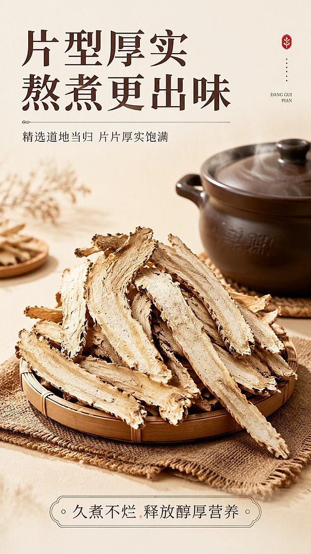 [第2屏] 详情页核心卖点展示屏-当归片品质卖点。本屏使用【图1】作为商品主体。
[氛围/风格] 沉稳自然的养生质感，参考图2图3的文字排版和视觉层次，干净通透的商业摄影风格。
[元素布局] 当归片斜放于浅棕色餐垫上，占画面约60%；顶部和底部预留文字区域，背景为浅米色，搭配深棕色陶煲作为背景装饰，保留当归片原始外观和质感。
[光影质感] 左侧暖光主照明，右侧柔和辅光，陶煲带轻微蒸汽氛围，增强养生熬煮的场景感，产品细节清晰。
[配色色系] 全局底色 #F9F4EB；主色暖棕调；辅助色深棕色文字，陶煲深棕点缀，和整体风格统一。
[视角构图] 斜侧俯视角度，产品在中下偏左，文字上下分布，阅读动线：顶部大标题 → 中部产品 → 底部副标题。
[文字版式] 顶部主标题「片型厚实 熬煮更出味」，底部副标题「久煮不烂 释放醇厚营养」，主标题加粗加大，副标题常规字重，文字分区排版，不遮挡产品主体，移动端清晰可读。
[比例分辨率] 9:16 竖版比例，4K 分辨率，文字清晰可辨，高清画质。
[负向提示词] 产品变形，颜色偏差，文字错乱，文字过小，产品图模糊，过度修改，背景杂乱。