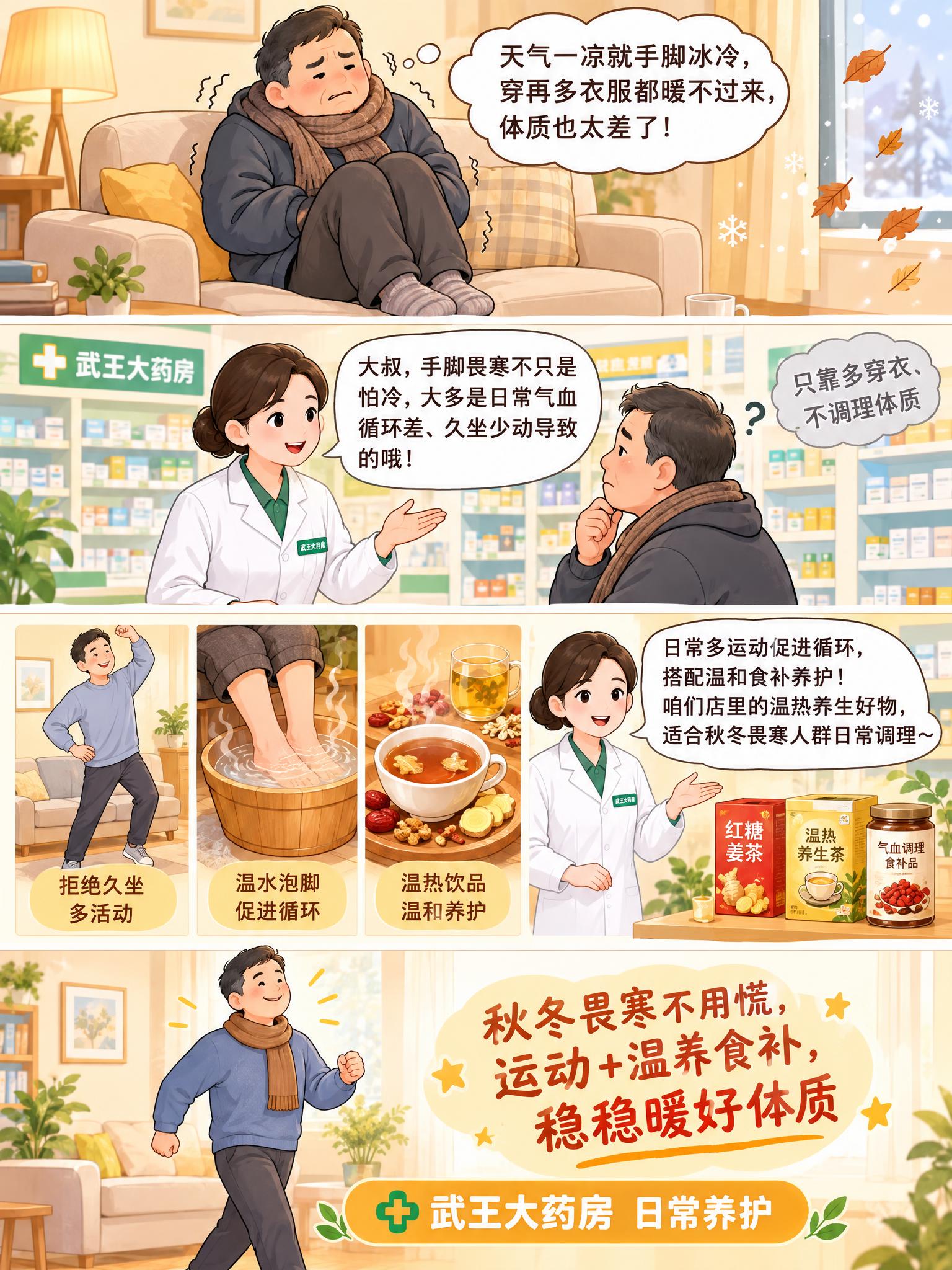 一张竖版四格科普漫画，国产通俗中老年科普卡通画风，暖黄色调，线… - 图片创意预览