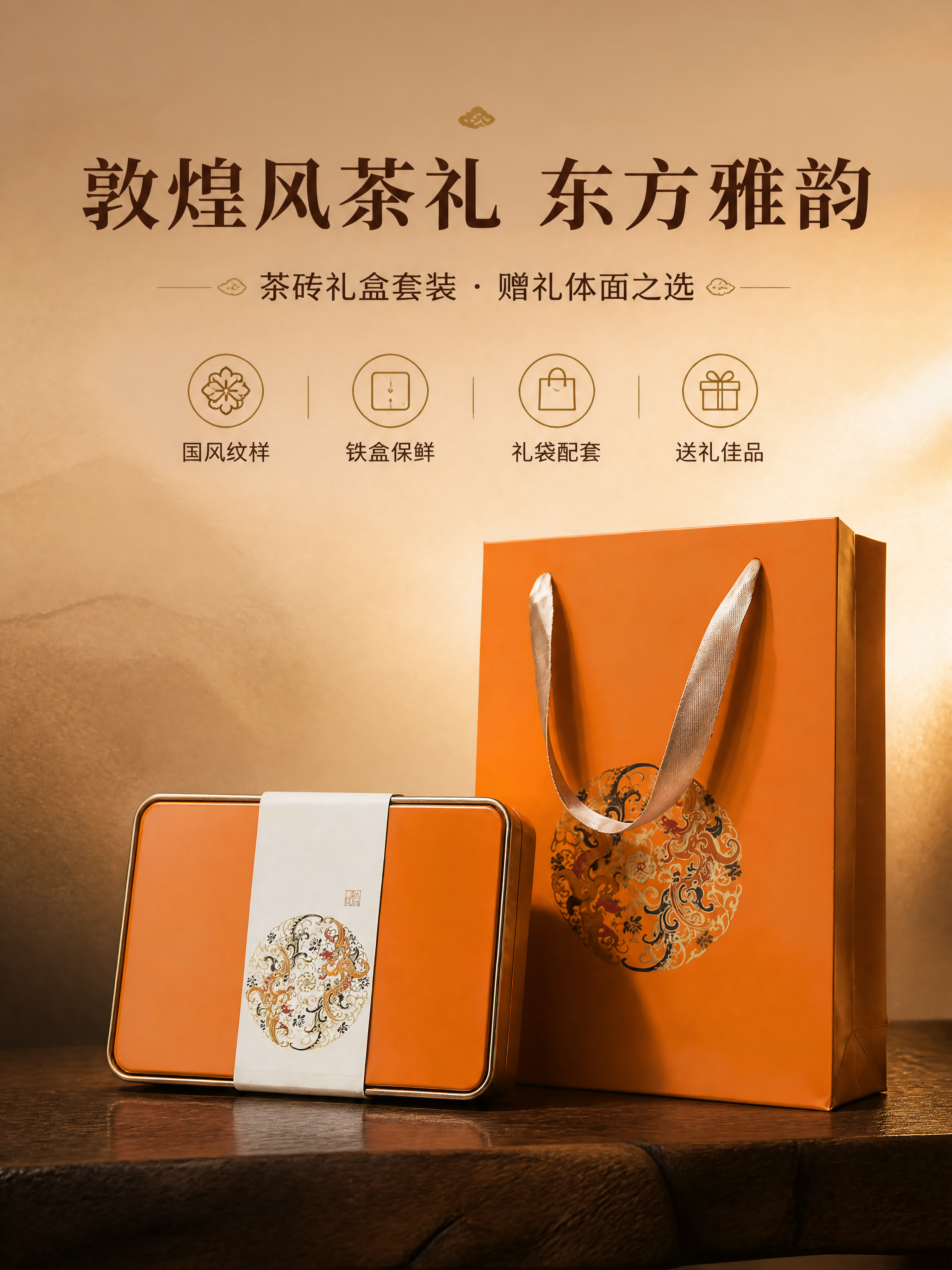 [商品] 使用【图1】敦煌风橙色茶砖礼盒套装（含橙色铁盒+同纹… - 图片创意预览