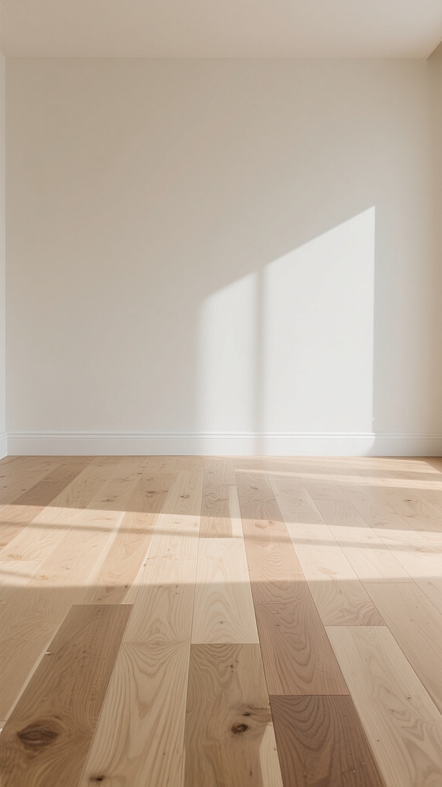 极简主义室内场景，浅色木地板为主体，地板纹路呈现不同的自然木纹肌理，包括直纹、山纹和波浪纹等多种纹路变化，配色涵盖浅橡木色、白枫木色、浅胡桃色等不同浅色木色调，地板接缝清晰自然，表面有细腻的哑光光泽，阳光从左上方斜射形成柔和的光影效果，墙面为米白色，墙角有白色踢脚线，整体氛围明亮、干净、通透，具有现代简约的设计感。