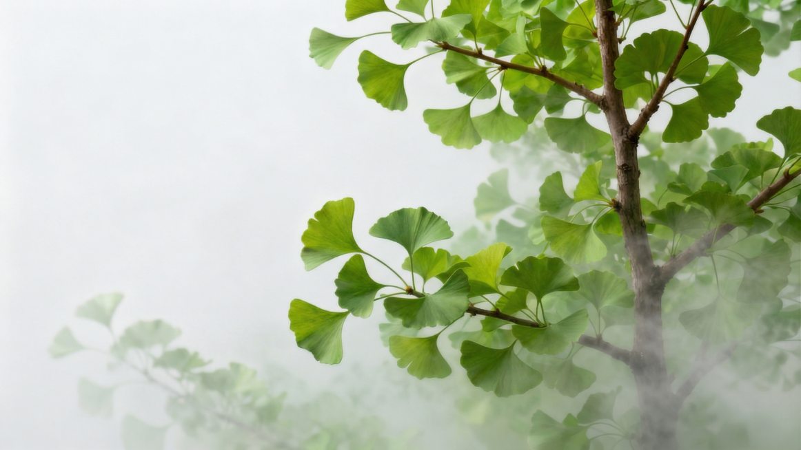 保持茂盛银杏枝干向上伸展的构图和整体雾化效果，将所有黄色银杏叶修改为清新自然的绿色，保留淡雅留白PPT底版设计，适合文字排版，高清背景预览效果