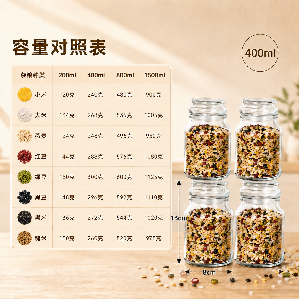 将图中4个玻璃罐子左侧的垂直黑色虚线尺寸标注（标注13cm高度… - 图片创意预览