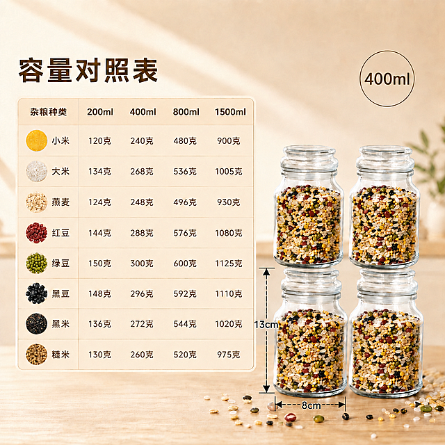 将图中4个玻璃罐子左侧的垂直黑色虚线尺寸标注（标注13cm高度）以及罐子底部的水平黑色虚线尺寸标注（标注8cm宽度），整体移动到左下方第一个罐子的左侧和瓶底位置，尺寸数值、虚线样式、箭头样式保持不变，其余画面元素（容量对照表、罐子、背景、文字等）保持原样不变
