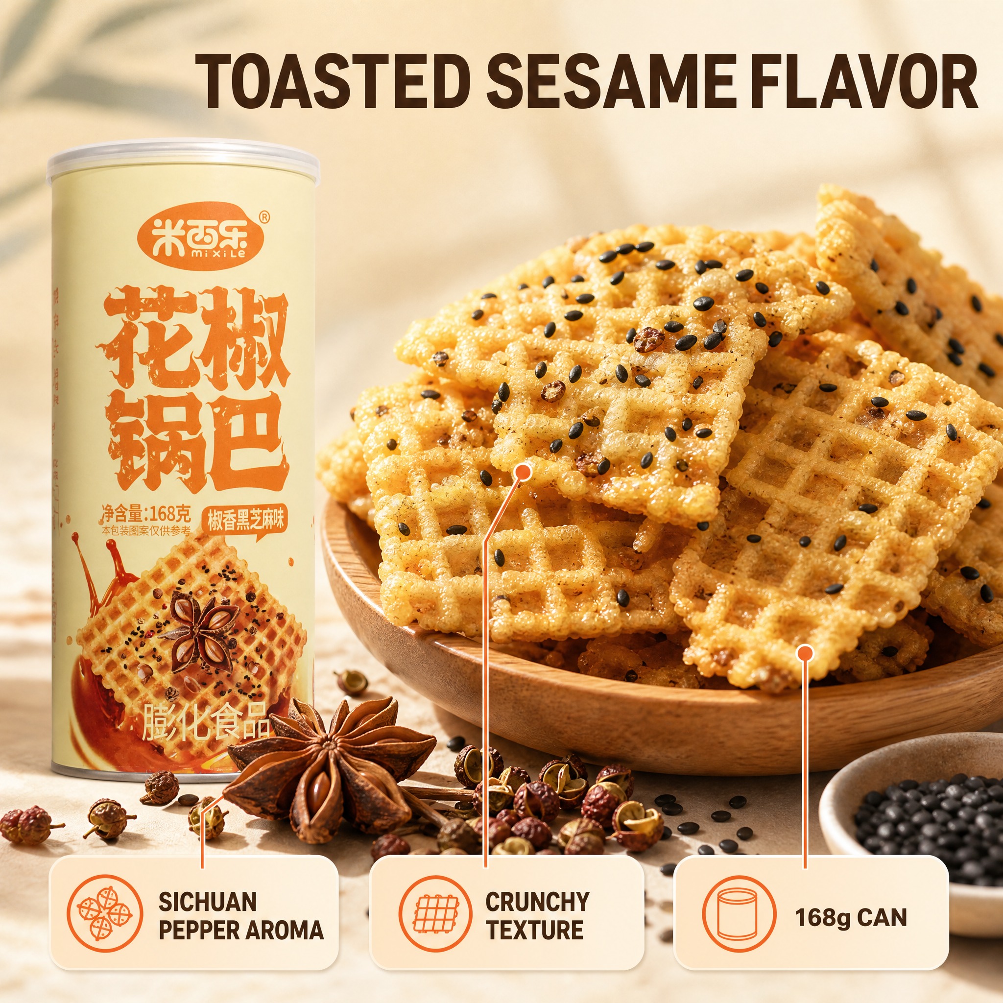 [主图-B2] 卖点细节图：米西乐花椒锅巴椒香黑芝麻味的椒香风… - 图片创意预览