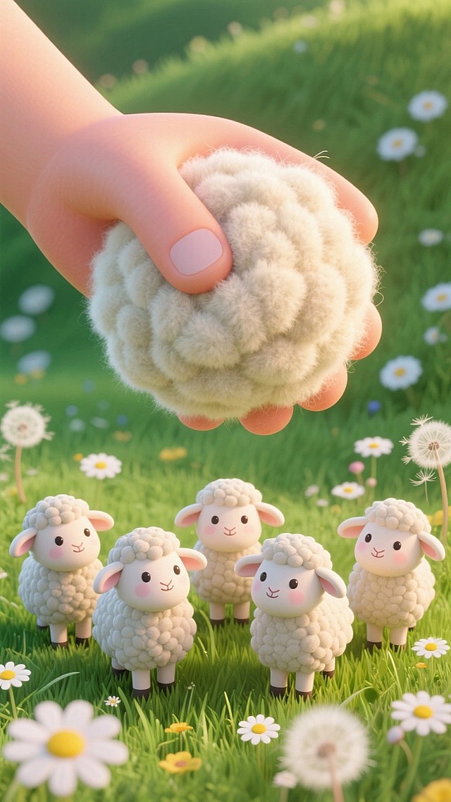 一只手抓取羊毛团，羊毛团呈现毛绒质感。下方五只小羊。背景为草地，点缀雏菊、蒲公英等植物。