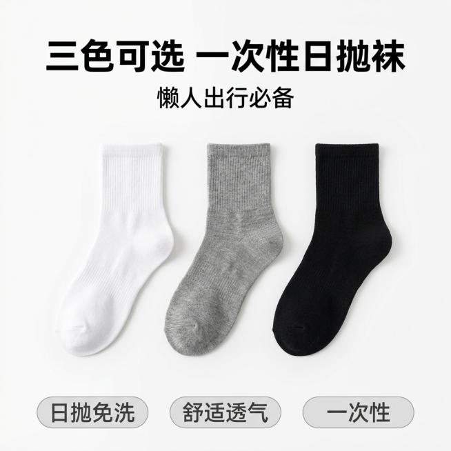 一次性日抛袜1:1正方形电商主图，简约清爽风格，干净明亮光影，强视觉冲击，浅白色纯净背景，无杂乱元素，8K高清质感；产品整齐陈列，包含白色袜子、灰色袜子、黑色袜子三种颜色，三色并排居中展示，每只袜子清预览效果