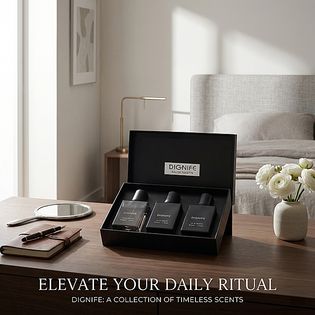Create a 1:1 high-end DIGNIFE perfume daily usage scenario poster, American modern style, show this black perfume gift set placed in a modern luxury bedroom on the dressing table, with soft natural light, atmospheric minimalist composition, all English design, keep product appearance unchanged, European and American high-end aesthetic