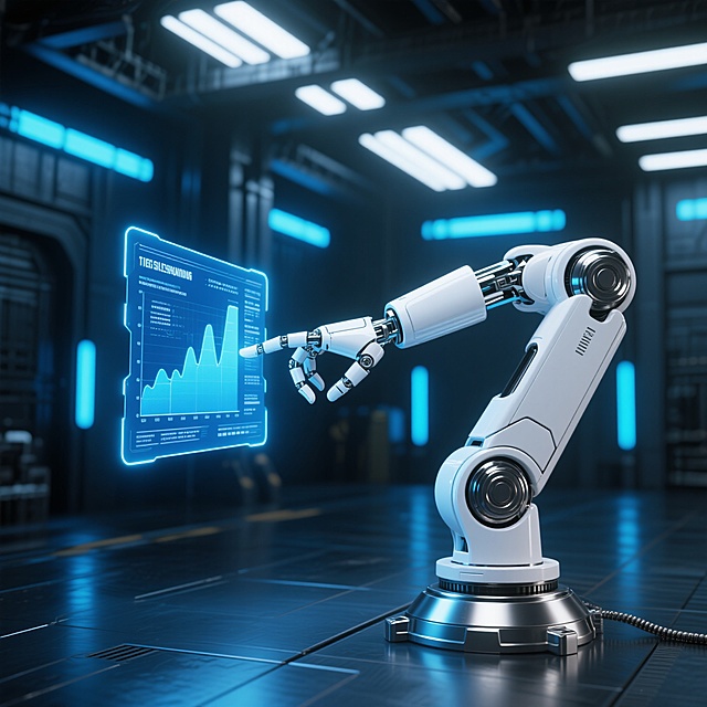 高精度3D渲染的未来科技场景，白色机械臂占据画面右侧，金属关节与银色底座细节精致，机械手指正精准触碰左侧悬浮的全息投影屏幕，屏幕上显示蓝色科技感数据图表与文字信息，背景为深邃工业风厂房，布满蓝色与白色的LED灯光营造出科技感与未来感，整体色调以蓝白为主，光影对比强烈，高光与阴影细节丰富，画面呈现出高度写实的质感与空间感，氛围神秘而充满科技前沿气息，视觉焦点集中在机械臂与全息屏幕的互动上，构图平衡且具有强烈的视觉冲击力。