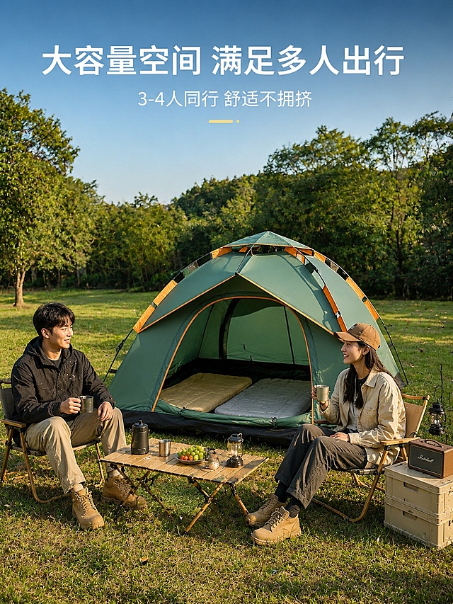 [第6屏] 场景展示-四人露营真实场景呈现帐篷空间容量。本屏使用【图7】作为帐篷主体，合成户外露营真实场景。
[氛围/风格] 沉浸式户外露营场景，温馨自然，生活感十足
[元素布局] 帐篷放置开阔草地，帐篷内部可放置2个露营睡垫，旁边放置折叠桌和露营椅，两位露营者坐在帐篷旁休息，营造真实使用氛围；帐篷外形尺寸和原图保持一致
[光影质感] 下午柔和自然光，整体光影通透，帐篷内部光线均匀，阴影自然
[配色色系] 自然绿色草地背景，远处树木深绿色，帐篷军绿主体，暖调阳光氛围
[视角构图] 全景平视视角，展示帐篷和整体露营环境，突出开阔空间
[文字版式] 顶部主标题「大容量空间 满足多人出行」，底部标注「3-4人同行 舒适不拥挤」，文字居顶不遮挡帐篷主体，清晰自然
[比例分辨率] 3:4竖版比例，4K分辨率，文字清晰可辨，高清画质
[负向提示词] 帐篷变形，人物怪异，空间比例失调，颜色失真