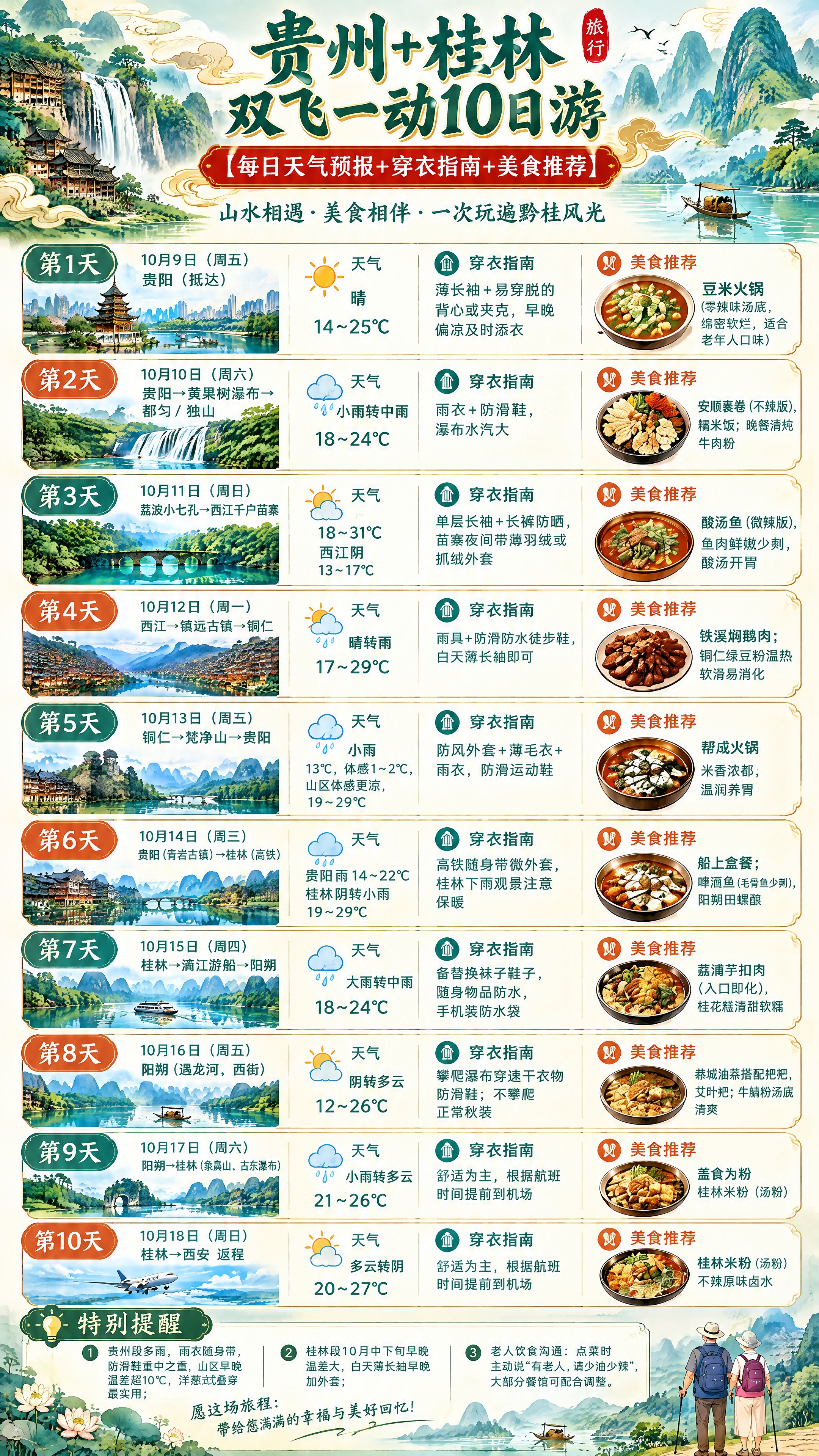 一张竖版长图，贵州+桂林双飞一动10日游旅游攻略信息图，国潮插… - 图片创意预览