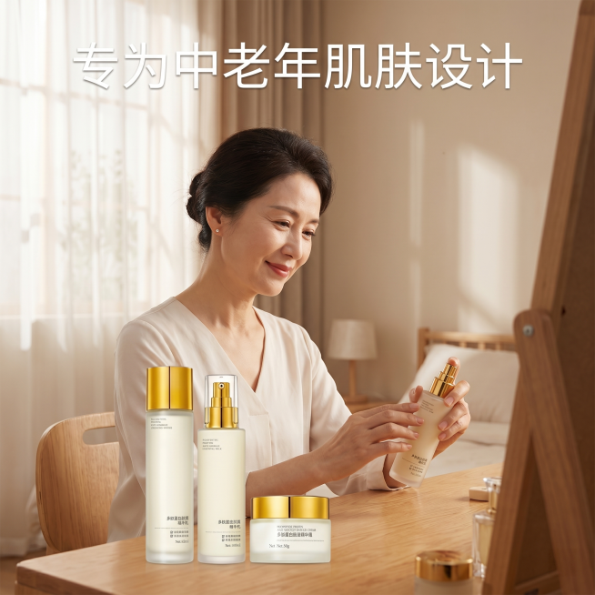 [主图 6] 中老年人群适配场景
[氛围风格] 真实温馨，亲和有信任感
[画质] 写实摄影，清晰自然，光线柔和
[元素] 优雅气质中老年女性，温婉笑着在梳妆台前使用这套护肤品，三件套产品放置在桌面醒目预览效果