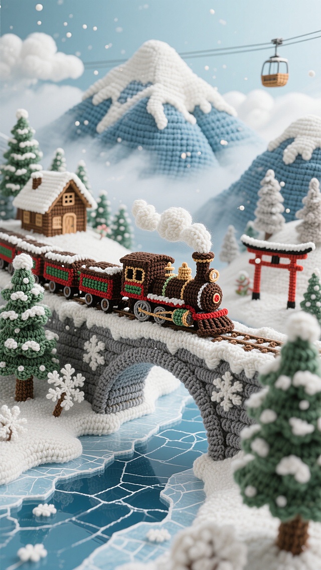 超精细手工钩针编织风格的世界冬季旅游景点全景，以深棕、红绿彩纹相间的复古蒸汽火车为视觉中心，行驶在覆盖着蓬松白色钩针"积雪"的灰色石拱桥上，桥下是蓝白交错、带有裂纹纹理的钩针"结冰湖面"。火车周围环绕着不同形态的钩针常青树，顶部点缀白色"积雪"，背景是层叠的钩针编织雪山，山顶覆盖厚实"白雪"，山间飘荡着云朵状钩针"雾气"。场景中巧妙融入世界各地标志性冬季景观元素：左侧远处可见钩针编织的北欧风格尖顶小木屋，右侧隐约呈现日式鸟居轮廓，近处增添象征阿尔卑斯山的钩针缆车细节，整体画面通过毛线的质感和立体感营造出温暖、梦幻的冬日氛围，所有元素保持一致的手工编织纹理和饱满的色彩过渡，雪花以细小的白色钩针颗粒点缀其间，形成层次分明、充满童趣的冬季旅游胜地全景图。