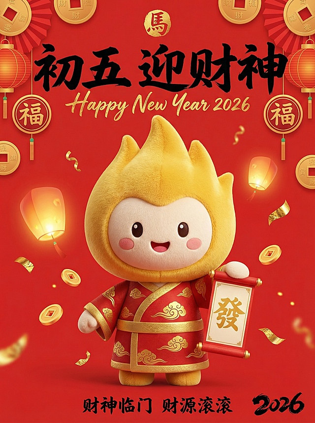 将公仔改为Q版拟人毛绒公仔，站立，身着带祥云图案的红袍，右手拿着一个發的卷轴，周身飘着花灯、金币与金箔。背景改为红色，搭配红/金配色灯笼与铜钱纹样；公仔位于画面中下部核心区域；画面上部排布大号黑色毛笔大字“初五 迎财神”，笔触清晰，中间叠印一行金色花体小字“Happy New Year 2026”，背景文字两侧点缀圆形“福”字标识，画面顶部有小型“馬”字图形标识，底部有黑色很小的字“财神临门 财源滚滚”，2026为毛笔字体