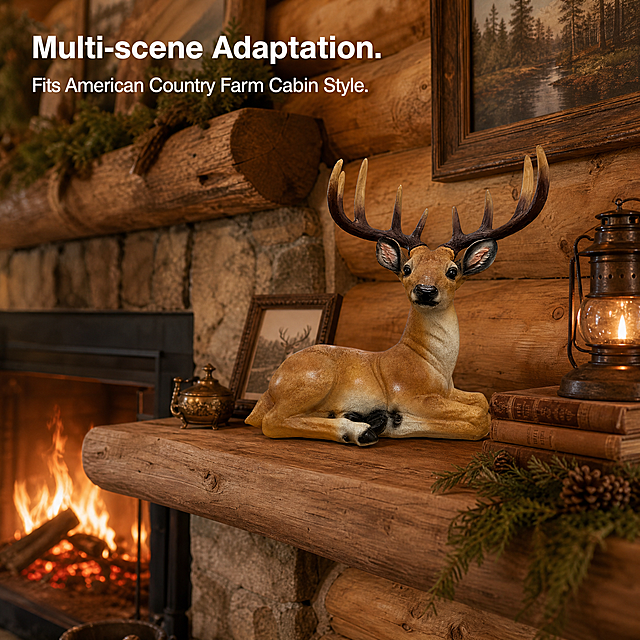 [Main Image 3] Elk ornament placed in living room fireplace side scene. [Atmosphere Style] American rural hunting culture atmosphere, fireplace warmth. [Image Quality] Commercial photography texture, soft warm light, clear product, realistic picture. [Elements] The reclining elk ornament is placed on the wooden mantel of an American-style living room fireplace. The fireplace has burning embers embellishment around, with log wall panel background. Match with a small amount of retro decorative accessories. Show the product matching effect in American style space. Keep the appearance (physical structure, material texture, color) of the elk ornament absolutely consistent with the input product picture, eliminate any deformation and color difference. Full screen without border. [Light and Shadow] Warm ambient light from fireplace, soft natural light auxiliary, warm light contrast, comfortable atmosphere. [Color Matching] Main color warm wood color, auxiliary color brown elk, fire warm yellow. [Perspective Composition] Head-up perspective, the product is placed naturally, the overall perspective of the space, the layers are clear. [Text Layout] English text: Multi-scene Adaptation. Fits American Country Farm Cabin Style. Simple English font, placed in the negative space upper left corner, clear and readable. comply with Amazon cross-border platform specification, no Chinese. [Proportion Resolution] 1:1 proportion, 2048px * 2048px, 2K resolution. [Negative Prompt] Deformation, watermark, text confusion, blurred product picture, messy background.