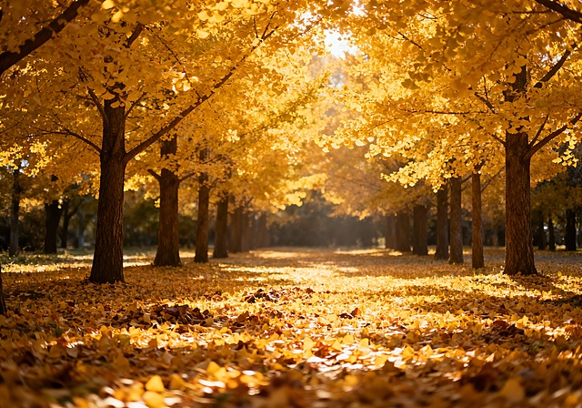 生成一张4米宽，2.8米高的银杏场景图，其中不要出现人物，