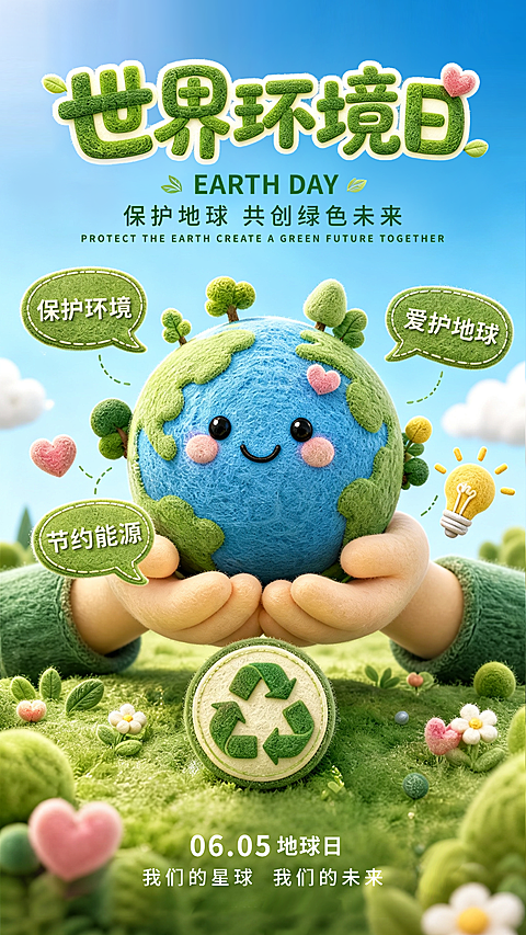 世界环境日保护地球可爱卡通风格手机竖版海报
