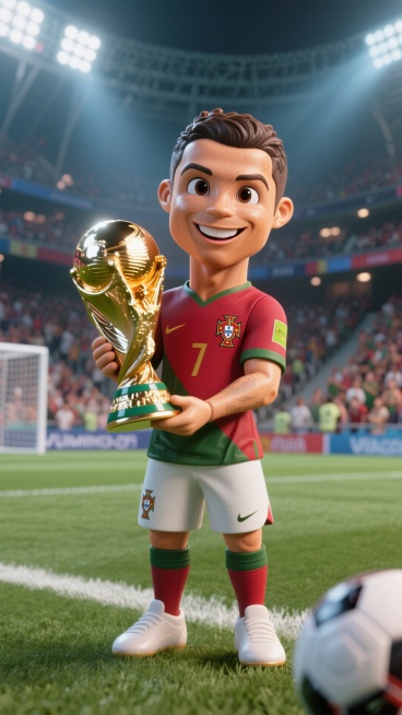 Q版Cristiano Ronaldo，3D卡通风格，身体显示完整，像个手办，身穿葡萄牙球衣，手捧着世界杯奖杯，眼神笑眯眯，C4D 渲染有反光，皮肤非常精致光滑，背景是有观众的足球场预览效果