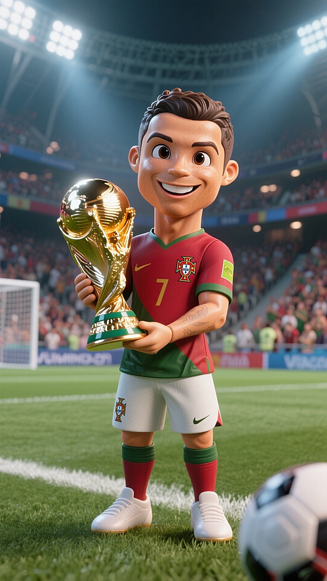 Q版Cristiano Ronaldo，3D卡通风格，身体显示完整，像个手办，身穿葡萄牙球衣，手捧着世界杯奖杯，眼神笑眯眯，C4D 渲染有反光，皮肤非常精致光滑，背景是有观众的足球场