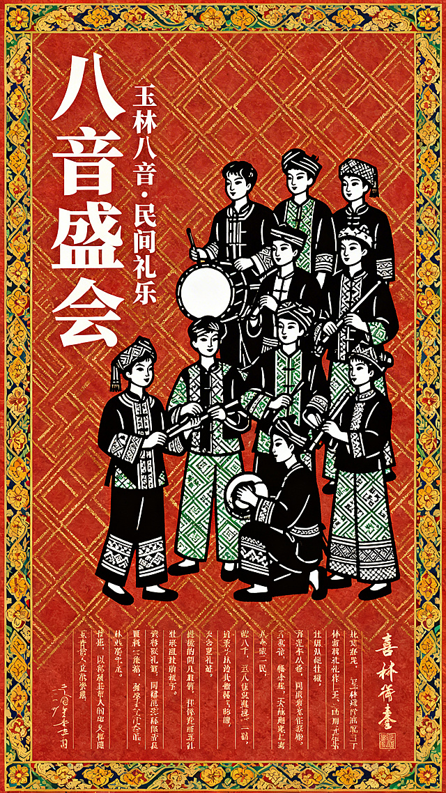 广西玉林八音合奏主题海报，更改排版布局：将主标题“八音盛会”移至画面左侧竖排排列，八音队群像放在画面右侧偏中心位置，副标题“玉林八音·民间礼乐”放在主标题下方竖排对齐，说明文字和落款放在画面底部通栏排列。保持原有风格不变：热闹欢腾民俗场景，喜庆民间年画风格，剪纸风格人物，服饰填充壮锦纹样，暖朱红色背景，金色勾线壮锦底纹，四周环绕传统花边，主色朱红、金黄、翠绿，辅色黑白，保留全部文字内容，整体喜庆热闹，充满民俗节庆氛围。