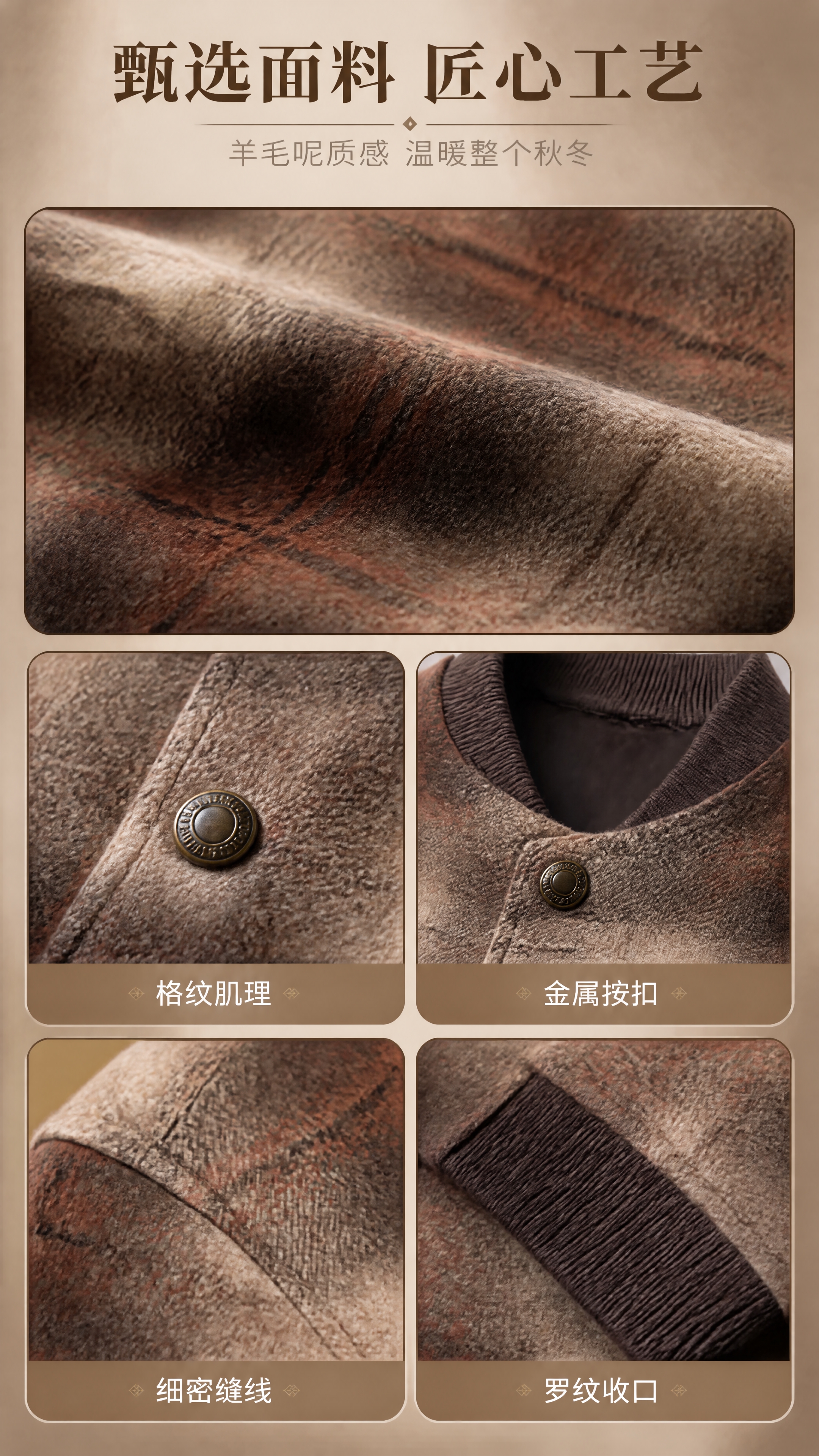 [商品] 使用【图1】棕咖色复古格纹羊毛呢棒球夹克；商品处理：… - 图片创意预览