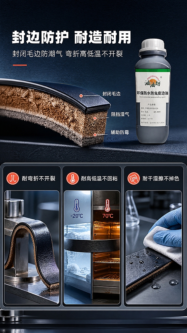 [商品] 使用【图1】油油坊环保防水防虫皮边油；黑色瓶身、白色瓶盖、绿色标签完整保留；产品置于画面右上角，占比约15%。
[画面] 目标：精致卖点2·封边防护+物理性能，展示封闭毛边、防潮防霉、耐弯折、耐高低温、耐干湿擦；上下分两区：上半区展示皮革封边截面微距（毛边→封闭涂层→防潮阻挡示意），下半区3个测试小图并排（弯折测试/高低温测试/干湿擦测试）；背景为深灰蓝渐变，测试区有实验室/工作台氛围；阅读动线从上到下。
[视觉] 套系策略：风格=专业工业风商业摄影+3D渲染质感；标题字=粗黑体无衬线；正文字=思源黑体常规；主色=深灰蓝(#2C3E50)；背景延展=深灰蓝到中灰蓝渐变，叠加细腻皮革纹理暗纹；强调色=橙红色(#E74C3C)，仅用于小面积图标、引线、标签和重点数字高亮；标题色=白色；正文色=浅灰蓝(#BDC3C7)；组件=圆角深色信息卡、细白线引线、测试图标；光影=均匀冷光，微距截面有清晰层理光影。
[文字] 顶部主标题"封边防护 耐造耐用"，副标题"封闭毛边防潮气 弯折高低温不开裂"；上半区截面旁标注"封闭毛边 / 阻挡湿气 / 辅助防霉"；下半区3个测试分别标注"耐弯折不开裂"、"耐高低温不回粘"、"耐干湿擦不掉色"；全部横排，层级清晰。
[规格] 淘宝/天猫详情页单屏9:16竖版，4K分辨率，负向提示：避免皮革纹理失真、极限词、虚假数据、二维码、竖排文字、文字过小。