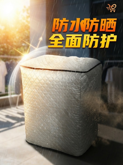 洗衣机罩电商主图，3秒抓眼球，用夸张光影对比，突出洗衣机罩的防水防晒防尘特性，主色调为银灰色，搭配醒目的“防水防晒 全面防护”标题文字，Logo放置在画面右上角预览效果
