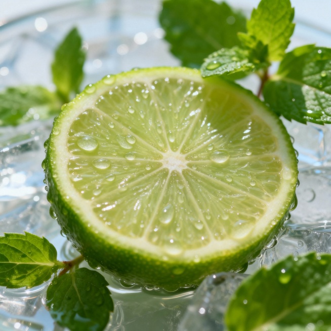 一张青柠切片的特写，表面有晶莹的水滴，周围点缀着几片新鲜的绿色叶片，背景为透明预览效果