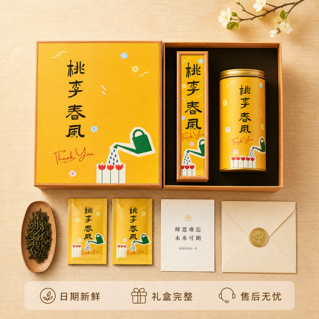 [主图-5] 谢师伴手礼整体系列展示，促进转化下单。[氛围风格] 宋式极简结合民国手信与现代食礼，规整大气展示感。[画质] 商业摄影质感、光线柔和通透、产品清晰真实、画面干净高级。[元素] 完整谢师茶预览效果