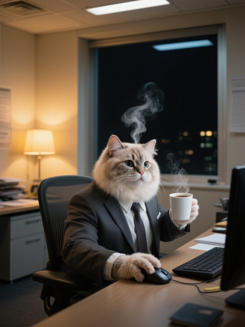 拟人胖乎乎圆滚滚布偶猫穿着西装左手拿着咖啡，右手握着鼠标，在办公室繁忙的加班，背景夜晚预览效果
