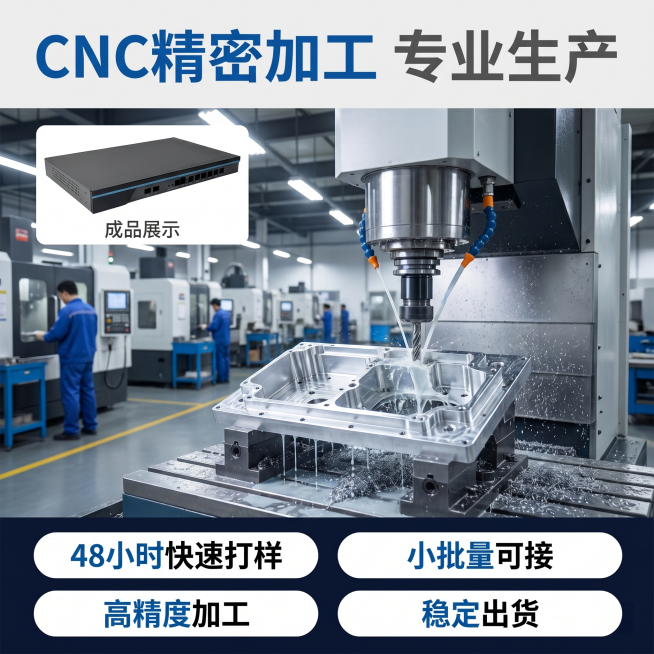 [详情页图 2] 全铝机箱CNC加工能力展示图。
[氛围风格] 工厂实景工业风，突出专业加工实力
[画质] 超高清商业摄影，清晰真实，质感强烈
[元素] 中心展示CNC加工机床正在加工铝机箱工件的实景预览效果