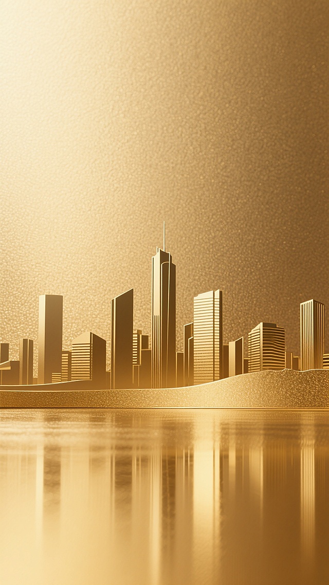 具有细腻磨砂质感的金色金属表面背景，融合现代城市景观剪影，整体呈现温暖奢华的氛围，光线柔和均匀地洒在金属纹理上，形成微妙的光影变化，城市轮廓线条简洁流畅，与金色磨砂质感的背景和谐统一，营造出高端大气的视觉效果。