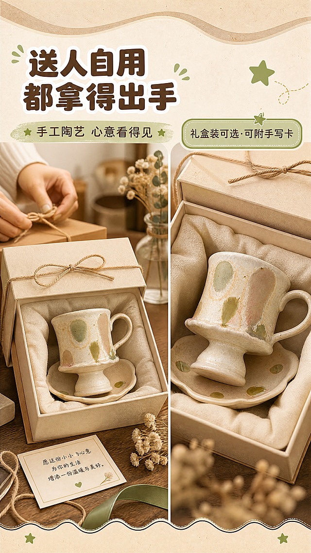 [商品] 使用【图8】粉绿波点款高脚陶瓷咖啡杯碟套装；保留高脚底座、C形把手、花边形杯碟、水滴状彩色圆点釉色、粗陶磨砂质感；商品处理：产品放入暖米色礼品包装盒中，保留产品原型与釉色。
[画面] 目标：送礼场景页，突出体面与心意。构图：左右分栏，左侧礼物包装全景，右侧礼盒微距特写。主体位置：杯碟置入米色礼盒内衬中，盒盖微开，产品占画面55%。景别：左中景右近景。阅读动线：先看左场景，再看右礼盒。前中后景：前景礼盒与缎带，中景产品，后景虚化居家桌面与送礼手部（仅手部出现）。场景：温馨居家桌面，麻绳缎带、干花与小卡片等礼盒道具。
[视觉] 套系策略：风格=文艺复古暖调商业摄影，融合活泼卡通版式；标题字=粗圆黑体+白色描边，可爱醒目；正文字=简洁圆角黑体；主色=陶土暖棕；背景延展=基于米杏色做深浅层级、同色渐变和细腻纸张质感，顶部波浪形装饰边；强调色=抹茶绿，仅用于小面积图标、星星装饰和标签；标题色=深陶棕；正文色=暖棕灰；组件=圆角粗边信息框、波浪形装饰条、小星星装饰；光影=暖调侧光，包装内衬柔和明暗。
[文字] 左侧主标题「送人自用 都拿得出手」，副标题「手工陶艺 心意看得见」；右侧圆角标签写「礼盒装可选·可附手写卡」（保守表达）；文字不遮挡礼盒与产品主体。
[规格] 图片比例9:16竖版，4K，避免变形、错字、文字过小、冷蓝灰背景、产品颜色改变、包装虚构品牌。