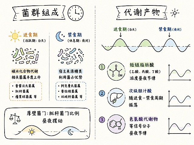 展示菌群组成与代谢产物的昼夜变化，包含进食期与禁食期菌群动态及短链脂肪酸等代谢物节律，适合医学健康知识科普使用