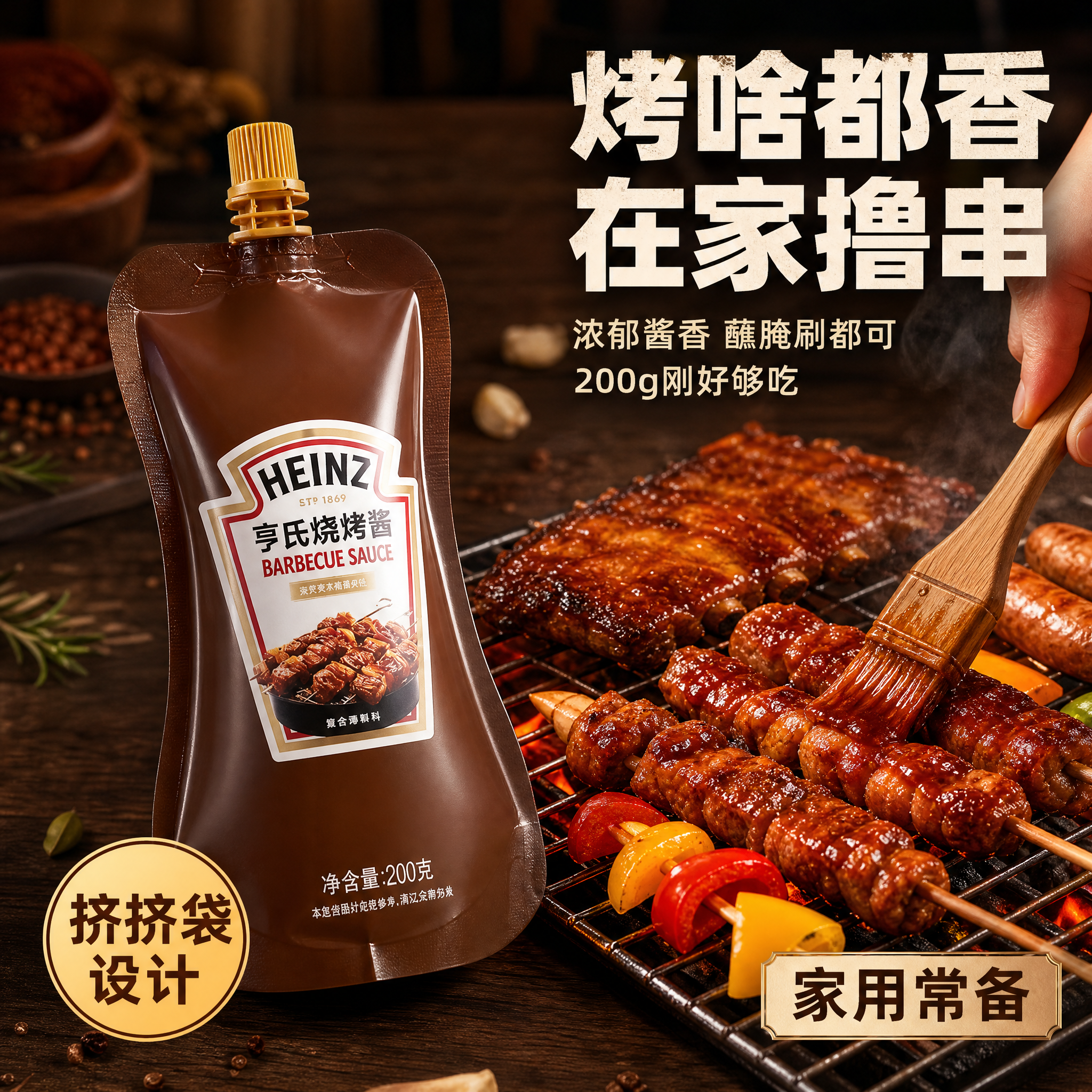 拼多多1:1烧烤酱主图，第二张卖点场景图。产品亨氏烧烤酱自立吸… - 图片创意预览