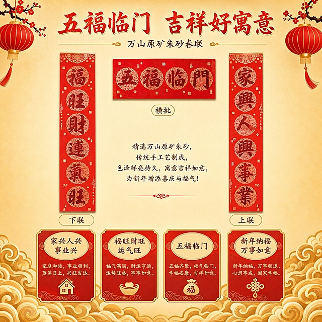 [主图-5] 万山原矿朱砂春联 对联内容与寓意展示图。
[统一基调] 喜庆中式年货风格，背景主色为暖米黄渐变，标题字色为正红烫金质感，辅助字色为深棕，强调色为金色，字体为大气书法宋体，字号层级分明，卡片采用红底金边圆角样式，整体传递正统丹砂中国红的品质年货感。
[画面] 万山原矿朱砂春联完整内容展示，上联“家兴人兴事业兴”在右侧，下联“福旺财旺运气旺”在左侧，横批“五福临门”在上方居中。三幅春联呈品字形排列，占画面约60%。下方用金色祥云纹样装饰，配文字解读每句对联的吉祥寓意，如“家兴人兴 阖家美满”“福旺财旺 财运亨通”等，用小卡片形式呈现。
[光影质感] 商业摄影质感，均匀柔光照射，春联正红色泽饱满，朱砂字金粉闪烁，纸面有细腻纹理，整体平整有质感。
[配色] 背景暖米黄渐变，春联正红+朱砂金，寓意卡片红底金边，文字深棕色，祥云纹样浅金色。
[文字版式] 顶部居中主标题“五福临门 吉祥好寓意”，春联下方对应位置标注上下联和横批名称，底部四个小卡片分别写四句吉祥话，字体统一书法宋体，主标题大气醒目。
[输出要求] 比例1:1，对联文字准确无误，寓意文字清晰，无变形错字模糊杂乱水印平台Logo。