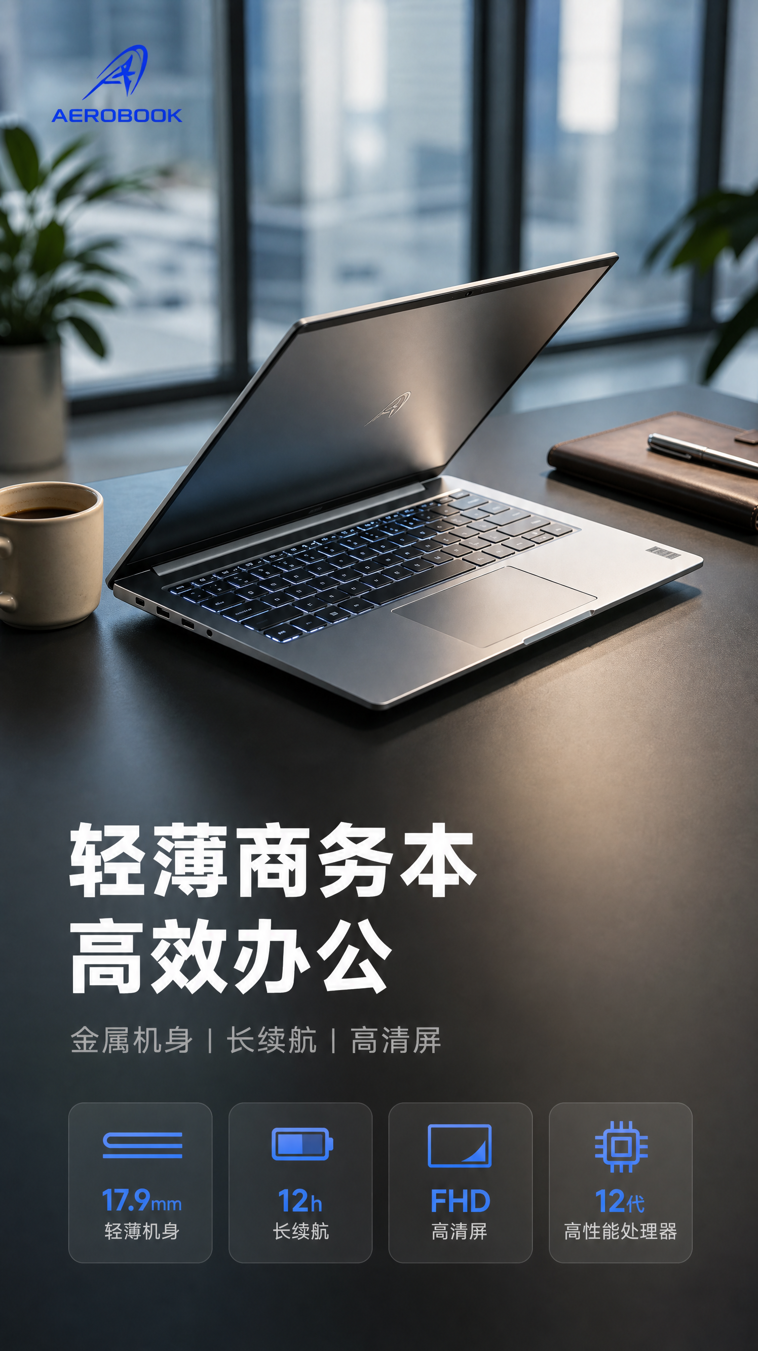 [主图-1] 商品识别与核心利益，展示轻薄商务笔记本电脑的整体… - 图片创意预览