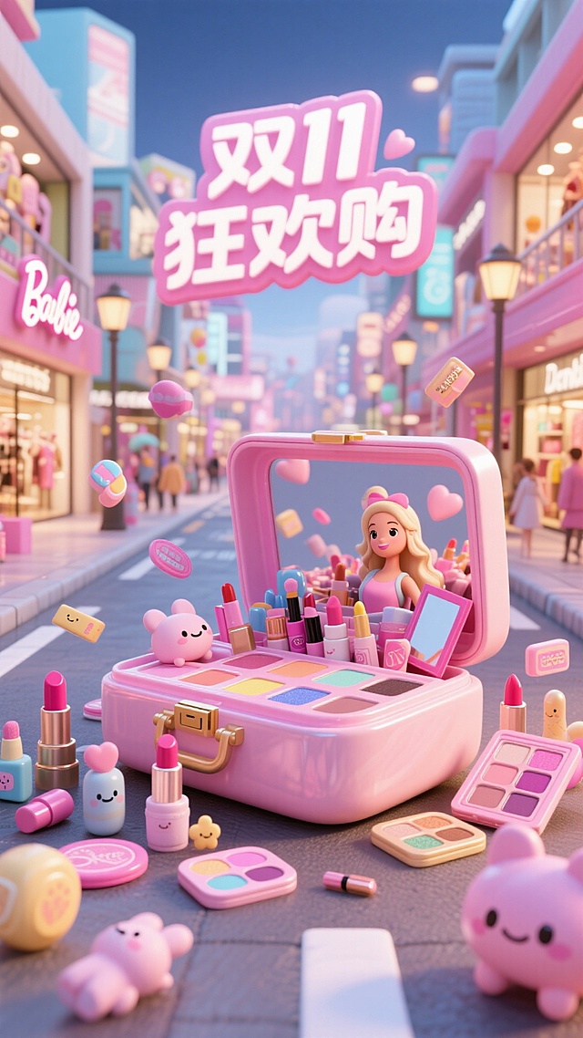 软3D风微缩艺术场景，粉色梦幻街道搭配拟人化彩妆与萌趣小动物，甜蜜可爱中透出节日促销感，双11狂欢购主题鲜明。