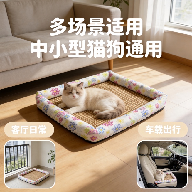 [主图-4] 手工棉帆布宠物凉席窝场景适配展示，清新田园碎花风格。氛围是自然温馨多场景展示风格；画质要求商业摄影质感，光线柔和通透，产品清晰真实，画面干净高级；保持宠物窝的外观（物理结构、材质质感、花预览效果