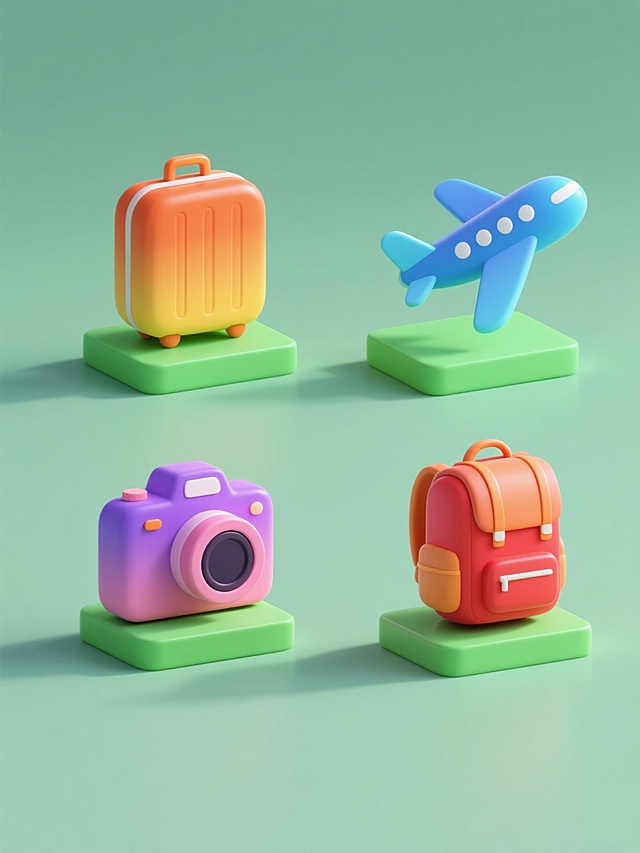 旅行主题系列图标，4个不同元素规整排布，保持统一的3D立体风格，光滑圆润的造型，鲜明的渐变色彩，顶部为橙色到黄色渐变的旅行箱图标，底部是绿色的立体基座；第二个为蓝色到青色渐变的飞机图标，搭配绿色基座；第三个是紫色到粉色渐变的相机图标，置于绿色基座上；第四个为红色到橙色渐变的背包图标，底部同样是绿色立体基座，所有图标均为纯色背景，光线从左上方照射，形成柔和的阴影和高光，整体设计简洁明快，充满现代感。