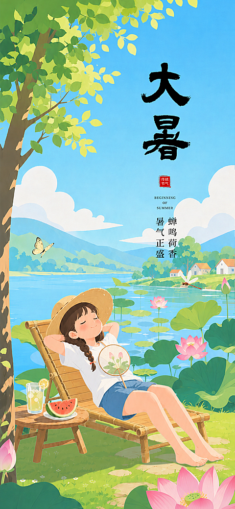 大暑时节清新手绘风手机全屏海报