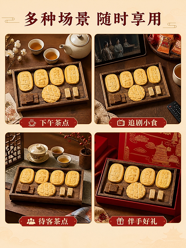 [商品] 使用【图2】【图10】糕点组合图；保留所有糕点的形状、颜色、摆盘，不修改产品外观、不重绘产品、不调色。
[画面] 目标：多场景食用页，展示多种食用场景。构图：2x2场景拼图，四个场景分别对应下午茶、追剧小食、待客茶点、伴手礼赠，每个场景配产品图和场景标签，背景为暖米黄底。
[视觉] 套系策略：风格=唐风国潮+实拍产品结合的电商详情页；标题字=商用免费书法宋体加粗国潮宋体；正文字=商用免费思源黑体；主色=明黄+朱红；背景延展=暖米黄渐变+浅唐风底纹；强调色=朱红色，用于标签和图标；标题色=深棕红；正文色=深棕；组件=圆角场景卡片、朱红标签条；光影=顶部暖柔光，产品有食欲。
[文字] 顶部主标题"多种场景 随时享用"，四个场景分别标注"下午茶点""追剧小食""待客茶点""伴手好礼"，文字全部横向排版。
[规格] 图片比例3:4竖版，4K，负向：避免产品变形、颜色改变、糕点形状错乱、极限词、医疗功效宣传、竖排文字、斜排文字、蚂蚁字、冷蓝背景、水印、二维码。