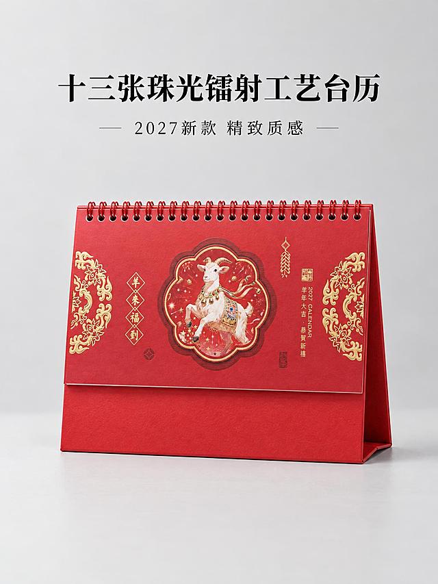 重新生成氛围头图：只展示一本羊来福到款台历，不要多本堆叠的夸张效果。台历外观100%与参考图一致，封面图案、颜色、文字全部保持原样，不要夸张的彩虹镭射光效，只保留自然的烫金光泽和纸张质感。台历正面微侧角度，位于画面中央偏下，占画面50%。浅灰色简约背景，柔和自然光。顶部黑色标题"十三张珠光镭射工艺台历"，副标题"2027新款 精致质感"。简约高级商业摄影风格，真实自然，不要夸张特效。2K分辨率，3:4竖版。