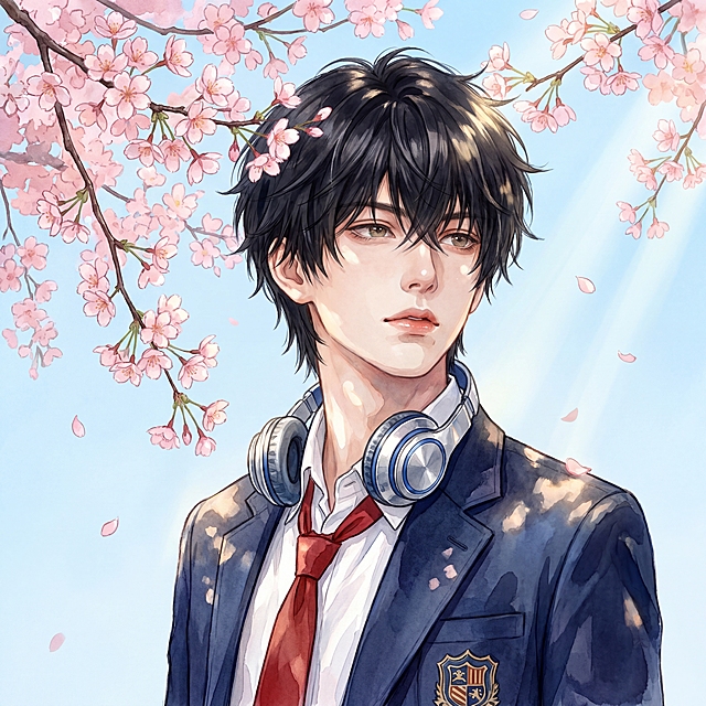 根据参考图人物重新生成：凌乱蓬松的黑色碎发，浅棕色眼眸，皮肤通透白皙，唇色水润，眼神温柔带点疏离，典型校园白月光人设。穿搭为日系学院风校服，藏青色西装外套带校徽刺绣，白色翻领衬衫，松散的红色领带，颈间挂着银蓝配色的头戴式耳机，整体干净清爽带慵懒少年感。场景为春日户外樱花树下，澄澈浅蓝色天空，盛开的粉色樱花树枝条垂落，花瓣点缀画面，暖金色春日阳光透过樱花枝桠，在人物身上形成斑驳光影，丁达尔光效，整体画面明亮通透，温柔治愈。主色调为藏青、白、红、粉、浅蓝，清新柔和撞色，水彩油画质感，色彩过渡自然。1:1正方形特写构图，人物占据画面主体，樱花枝桠从左上角垂落，黄金分割构图，微微俯拍的平视视角，半身近景，完整呈现人物上半身、穿搭细节与樱花场景。侧前方暖金色阳光，樱花斑驳光影，明暗对比柔和，突出人物轮廓与皮肤通透感，金属耳机高光质感，刻画好发丝蓬松凌乱感、皮肤通透感、衬衫褶皱、西装质感、耳机细节、樱花花瓣层次，细腻逼真