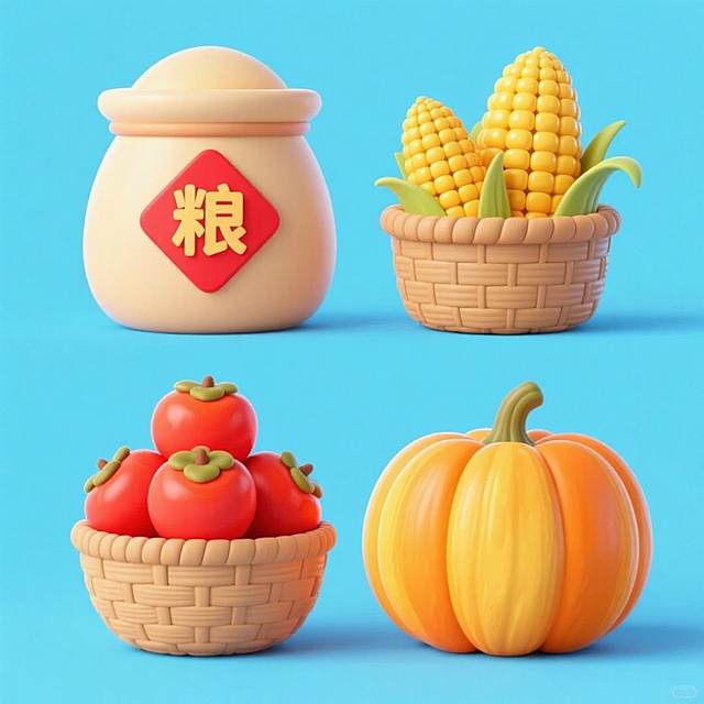 4个中秋素材组合，可爱电商促销感。素材包括：第一个粮仓（贴着带有 “粮” 字的红色菱形福字）；第二个一筐玉米；第三个一筐柿子；第四个南瓜。画面整体呈现鲜艳效果，淡蓝色背景。上下两行，排列整齐