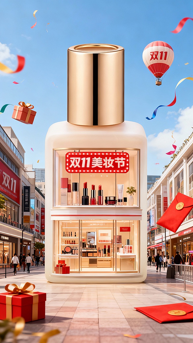 3D重拟物风格美妆瓶化身为商场店铺，鎏金金属质感搭配梦幻热气球与飘带，融合喜庆红与促销元素，营造双11美妆节虚拟现实购物盛宴。